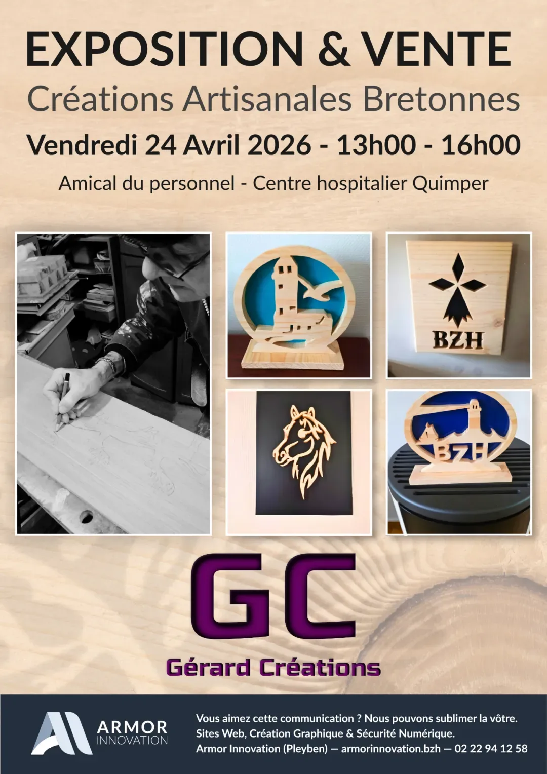 Affiche exposition et vente de créations artisanales bretonnes créée par Armor Innovation pour Gérard Créations, Pleyben