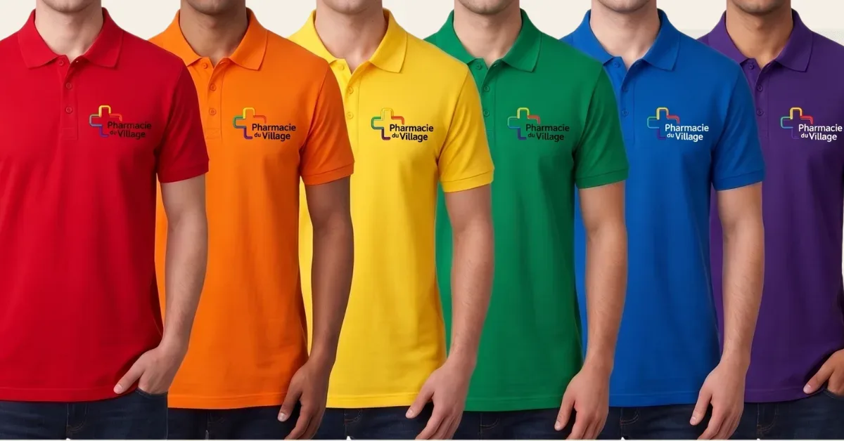 Polos brodés multicolores réalisés par Armor Innovation pour la Pharmacie du Village, Lyon