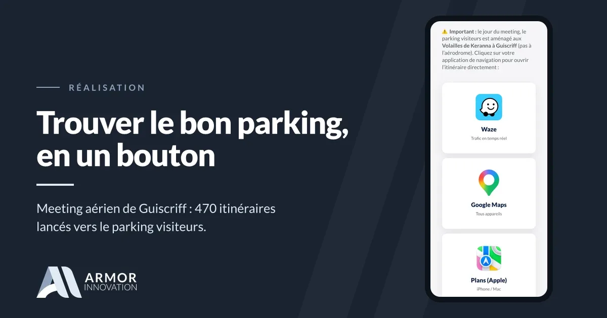 Page mobile du meeting aérien de Guiscriff : les boutons Waze, Google Maps et Plans qui ouvrent l'itinéraire vers le parking visiteurs