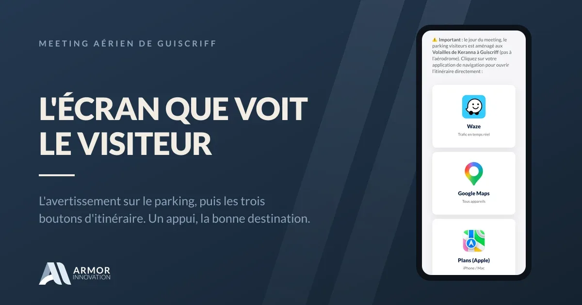 L'écran mobile de la page du meeting aérien de Guiscriff : l'avertissement sur le parking des Volailles de Keranna, puis les boutons Waze, Google Maps et Plans