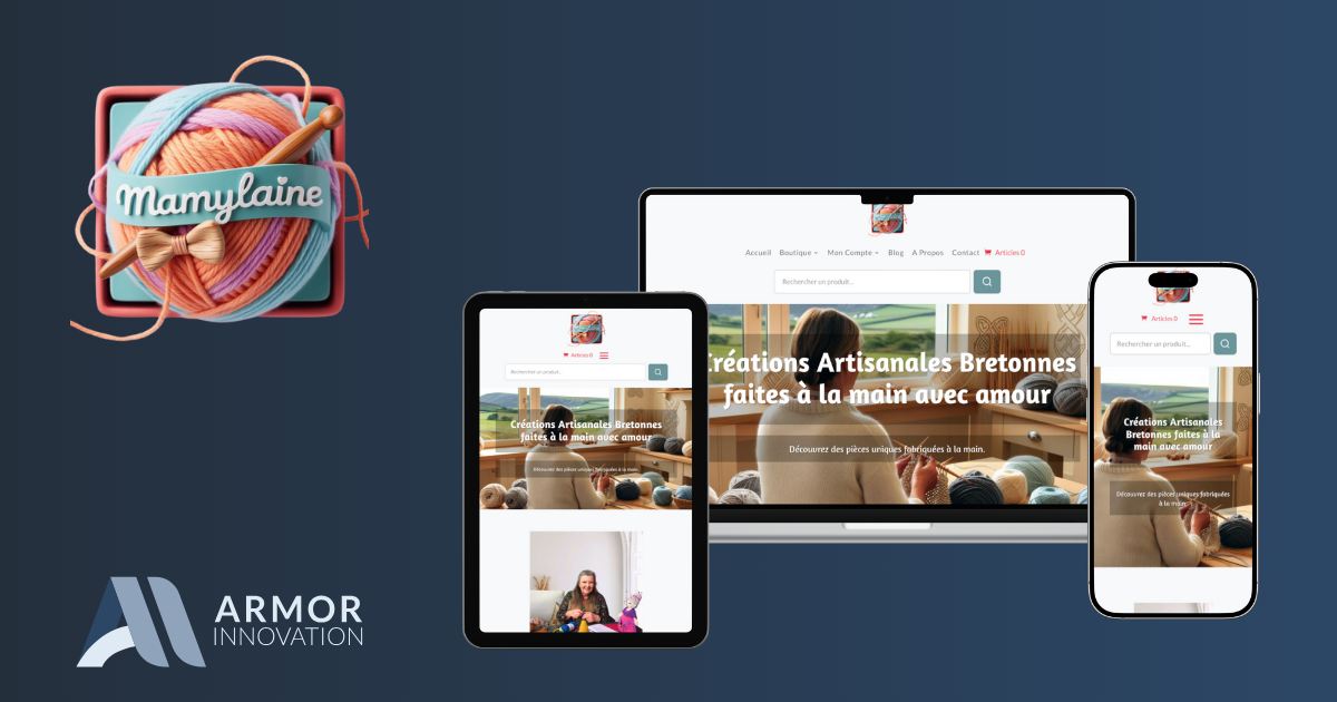 Mockup responsive du site web pour création boutique en ligne artisan tricot Finistère de Mamy Laine à Châteauneuf-du-Faou, avec vues sur ordinateur, tablette et mobile, réalisé par Armor Innovation à Pleyben.
