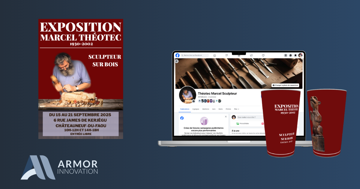 Mockup des supports de communication pour l'Exposition Marcel Théotec Châteauneuf-du-Faou : affiche, page Facebook et gobelets.