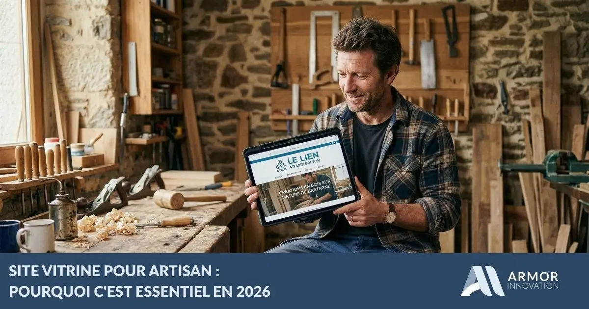 Artisan breton consultant son site vitrine sur tablette dans son atelier — Armor Innovation Finistère