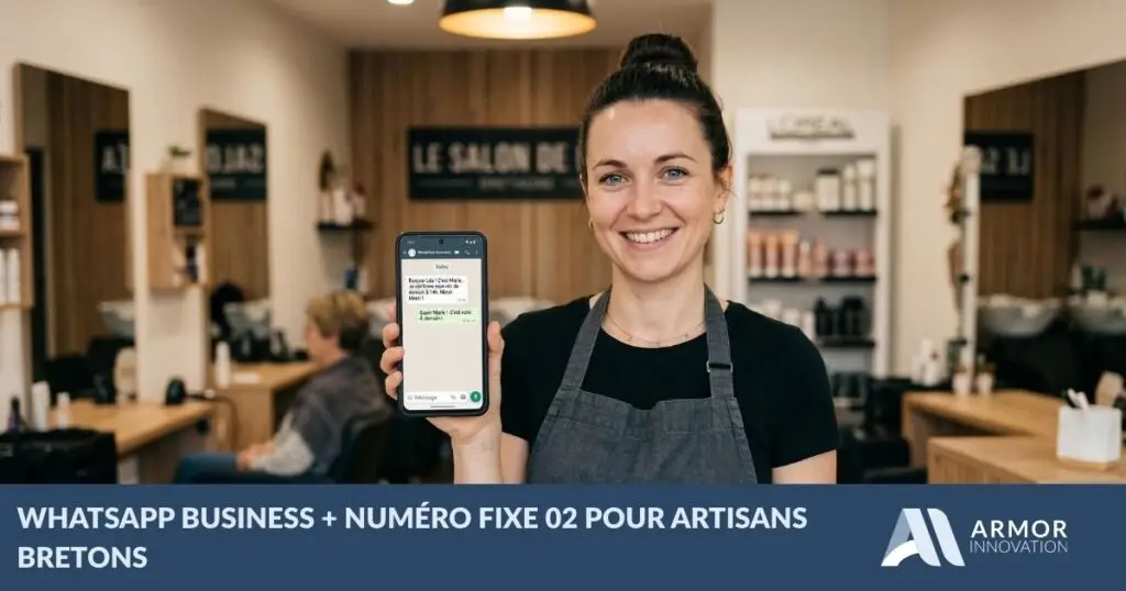 Artisan breton utilisant WhatsApp Business avec numéro fixe 02 sur smartphone — Armor Innovation Finistère