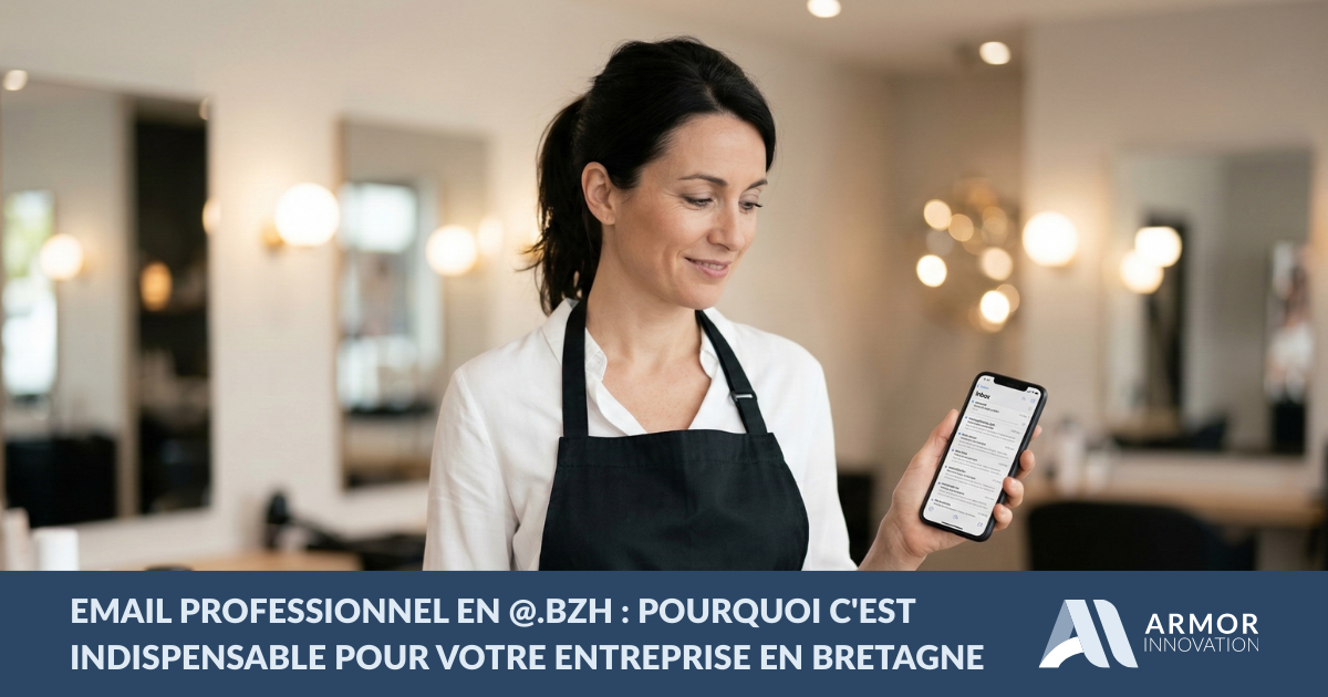 Coiffeuse bretonne consultant ses emails professionnels en @.bzh sur smartphone dans son salon