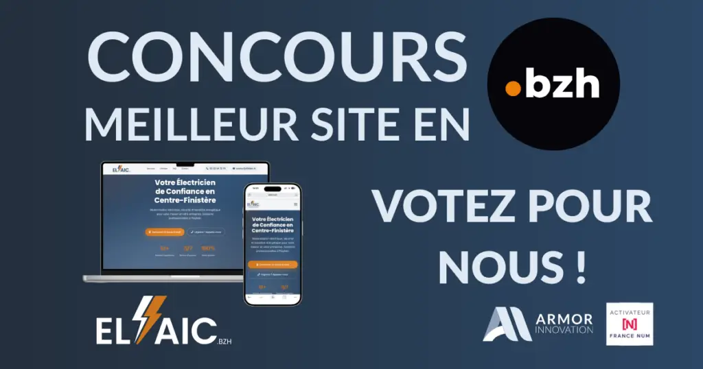 Électricien Pleyben avec smartphone, site ELAIC nominé Prix Agences .bzh — Armor Innovation Finistère