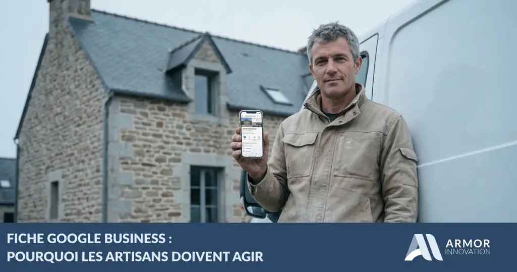Maçon breton consultant sa fiche Google Business sur smartphone devant une maison en granit — Armor Innovation Finistère