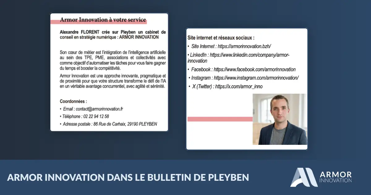Armor Innovation Pleyben présentée dans le bulletin municipal Vivre à Pleyben rubrique Vie Économique printemps 2026