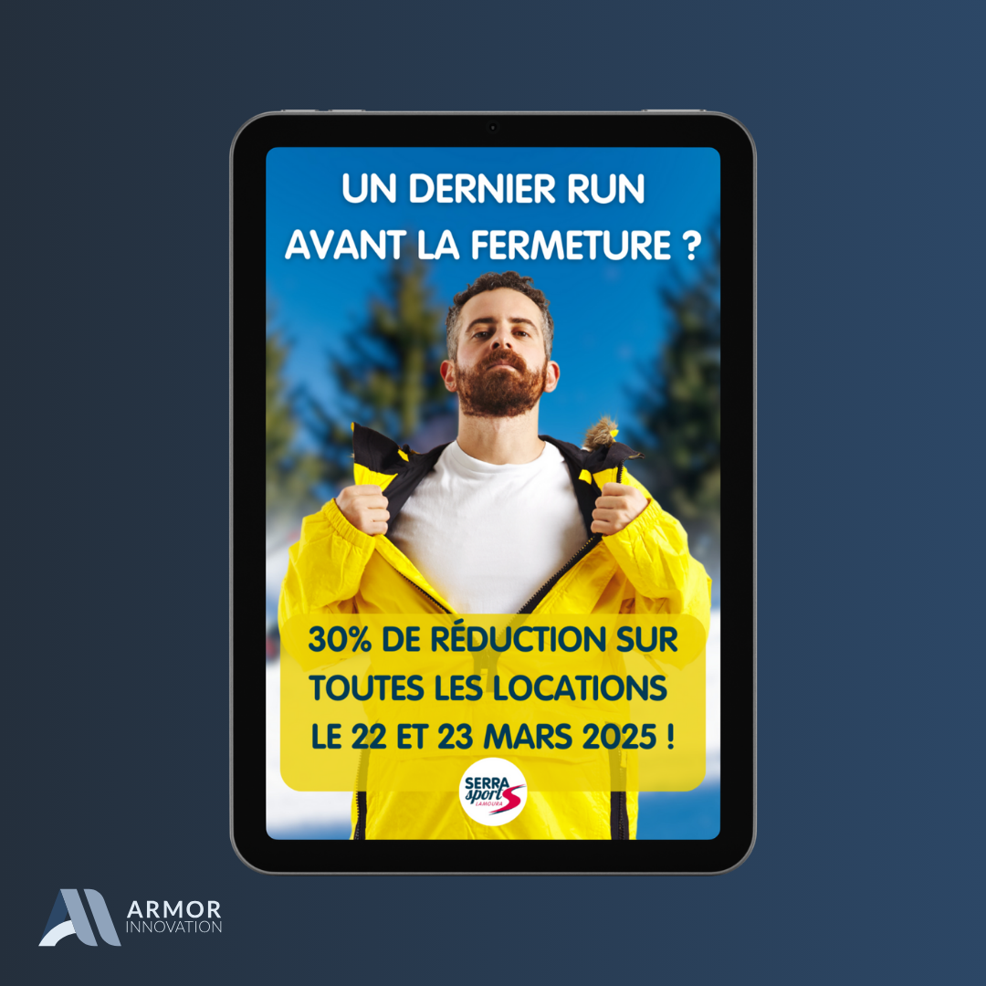 Création graphique d'une offre promotionnelle de fin de saison (30% de réduction) pour Serra Sports, illustrant une stratégie de gestion réseaux sociaux magasin sport orientée conversion.